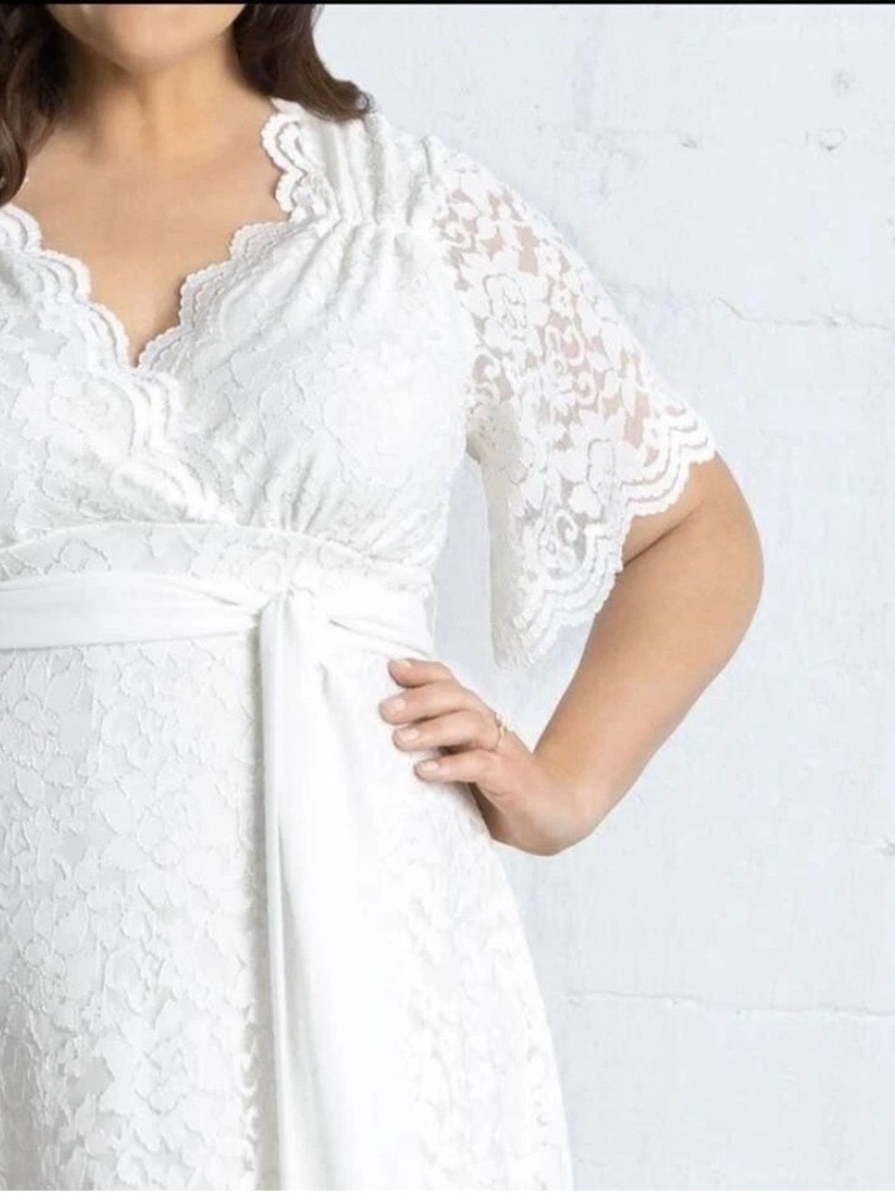 Kiyonna Bridal Dress Midi Size 0X Large Ivory Lace Day Dress Short Sleeves 10/12 - Picture 11 of 11